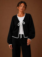 Scalloped Trim Cardigan for Women - Bow Front