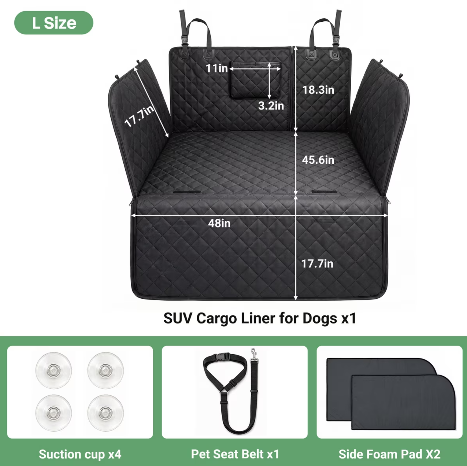 LovMor SUV Waterproof Non-Slip Dog Cargo Cover Liner with Cushioned Side, Black, Large