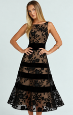 Women's Black Embroidered Lace Midi Dress - Velvet Trim Wedding Guest & Holiday Cocktail Party Dress, Sleeveless Boat Neck