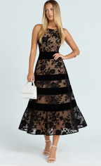 Women's Black Embroidered Lace Midi Dress - Velvet Trim Wedding Guest & Holiday Cocktail Party Dress, Sleeveless Boat Neck
