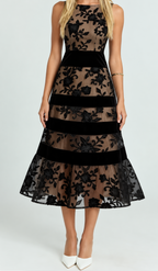 Women's Black Embroidered Lace Midi Dress - Velvet Trim Wedding Guest & Holiday Cocktail Party Dress, Sleeveless Boat Neck