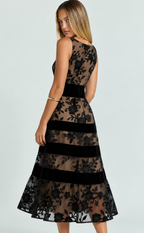 Women's Black Embroidered Lace Midi Dress - Velvet Trim Wedding Guest & Holiday Cocktail Party Dress, Sleeveless Boat Neck