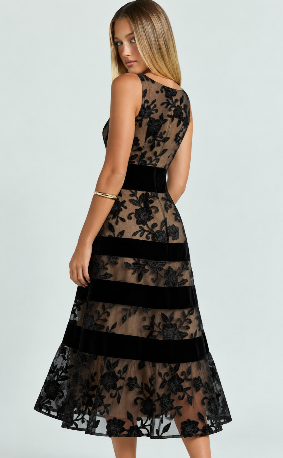 Women's Black Embroidered Lace Midi Dress - Velvet Trim Wedding Guest & Holiday Cocktail Party Dress, Sleeveless Boat Neck