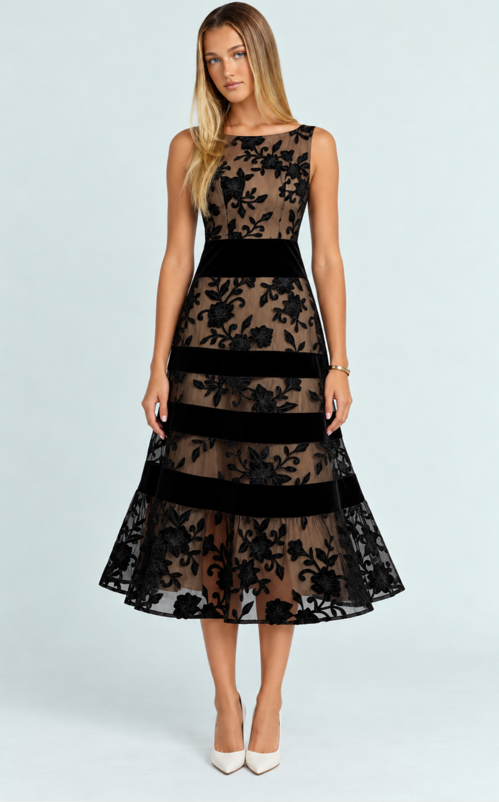 Women's Black Embroidered Lace Midi Dress - Velvet Trim Wedding Guest & Holiday Cocktail Party Dress, Sleeveless Boat Neck