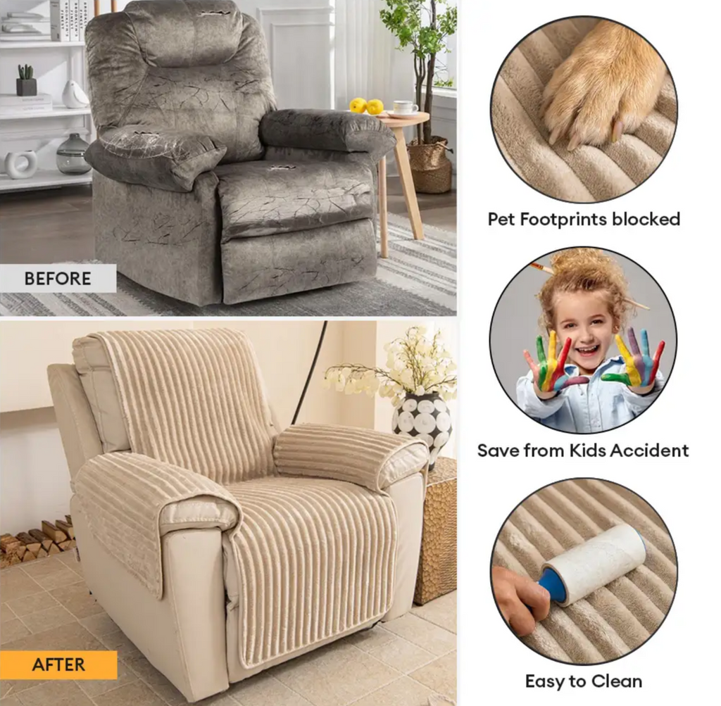 Plush Pet-Friendly Non-Slip One-Piece Sectional Couch Cover Recliner Couch Cover - Strips
