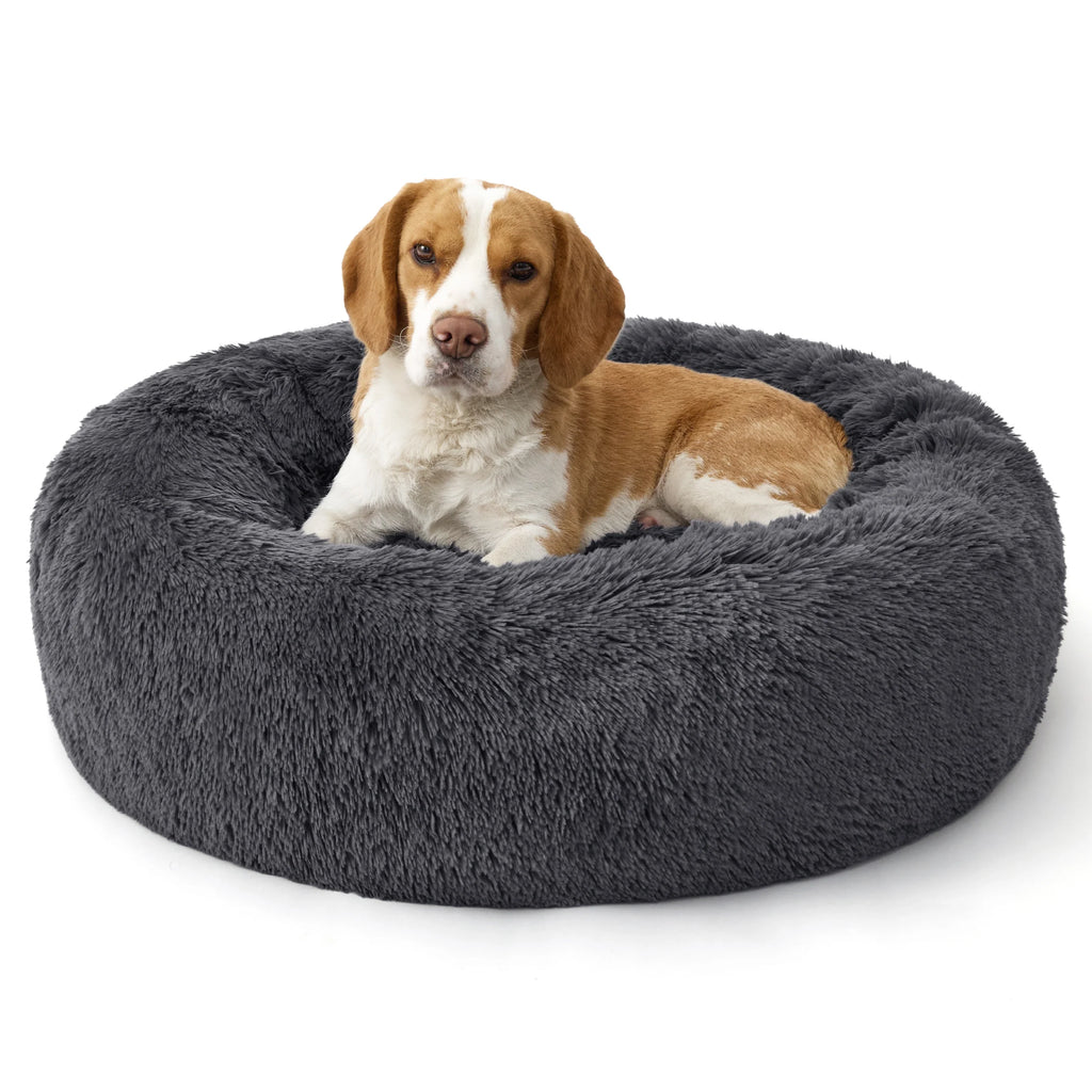 Donut Dog Bed – Soft Plush Round Pet Bed with Raised Rim, Dark Gray