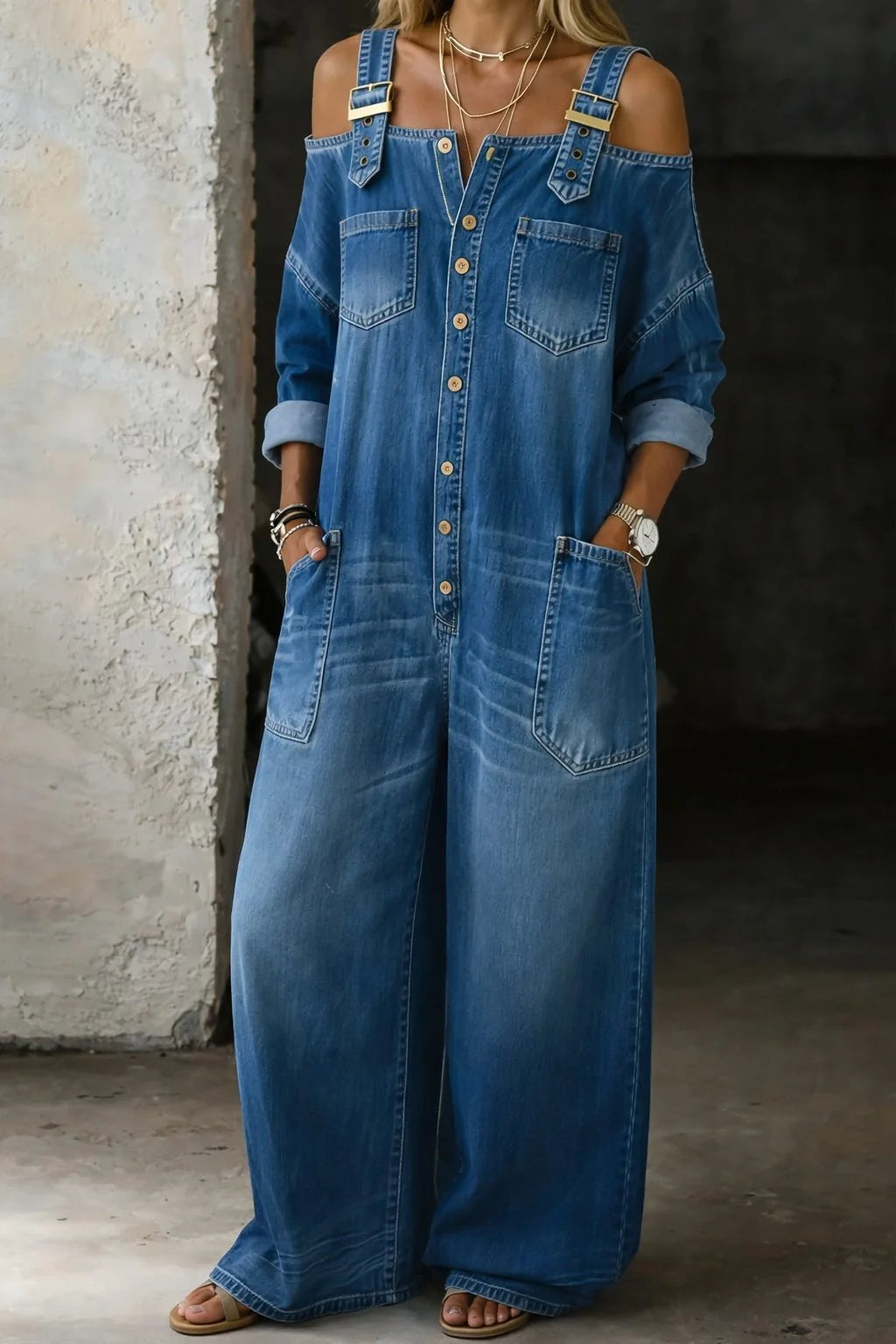 Surya | Relaxed Wide Leg Denim Jumpsuit with Cold Shoulder for Women