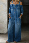 Surya | Relaxed Wide Leg Denim Jumpsuit with Cold Shoulder for Women