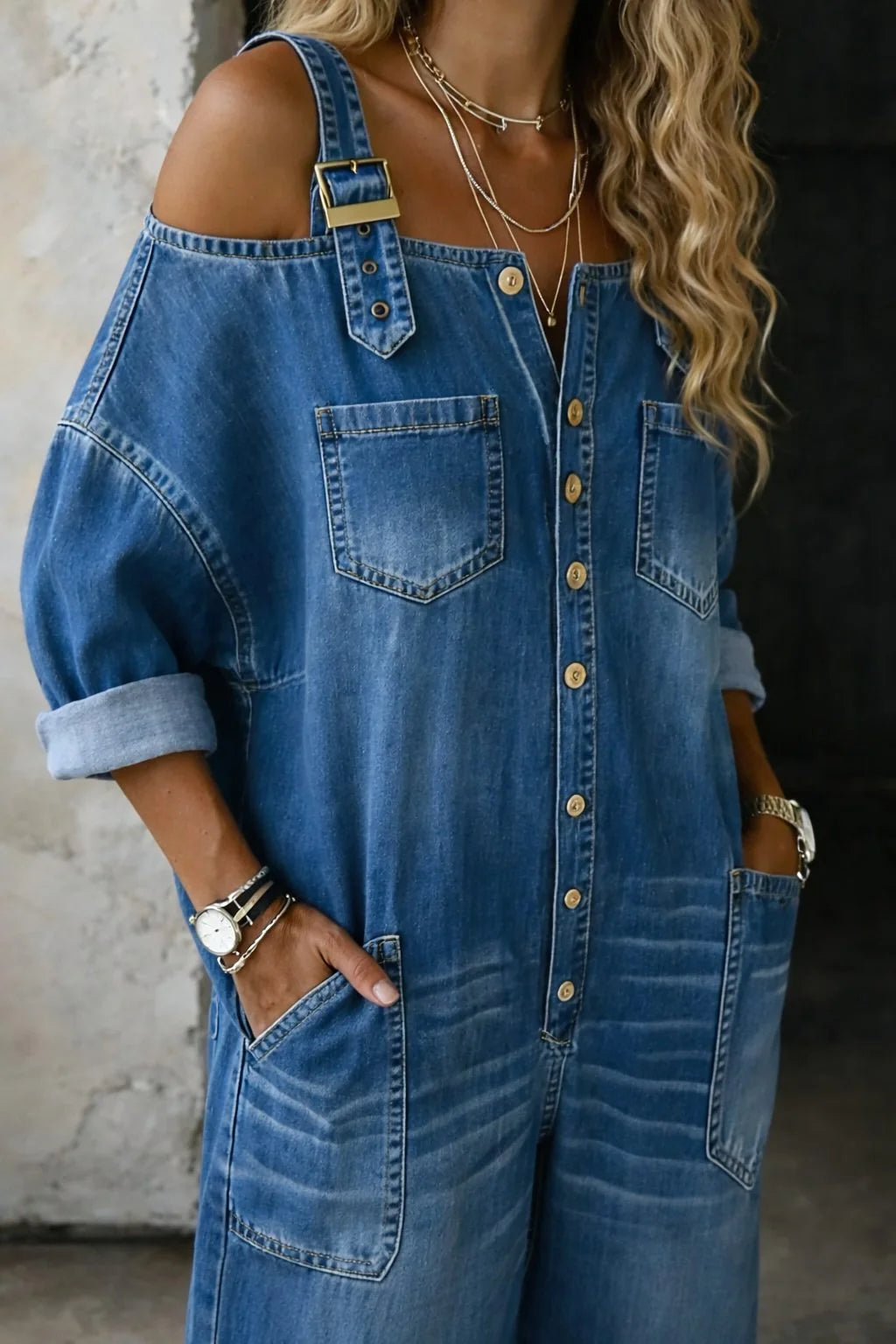Surya | Relaxed Wide Leg Denim Jumpsuit with Cold Shoulder for Women