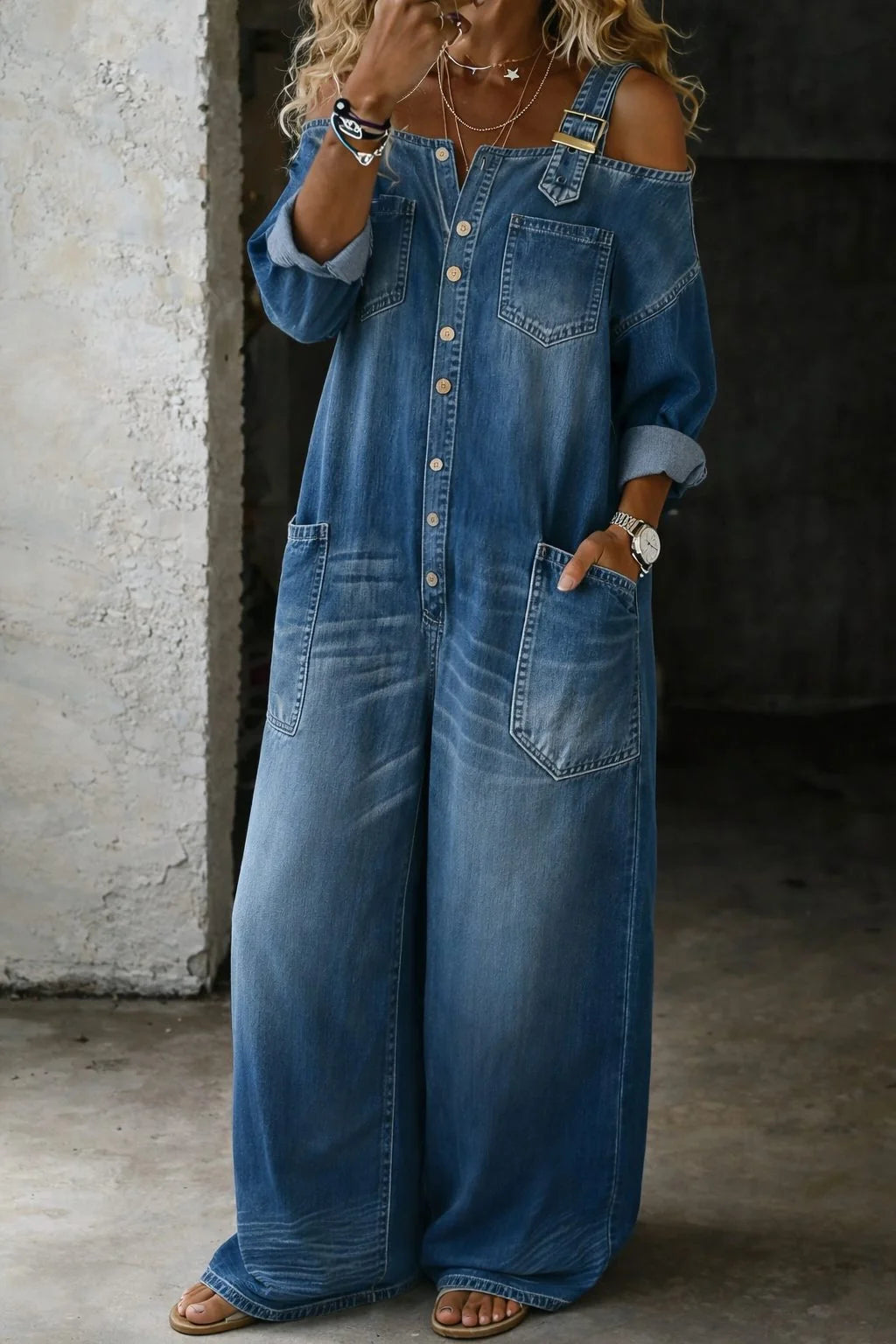 Surya | Relaxed Wide Leg Denim Jumpsuit with Cold Shoulder for Women