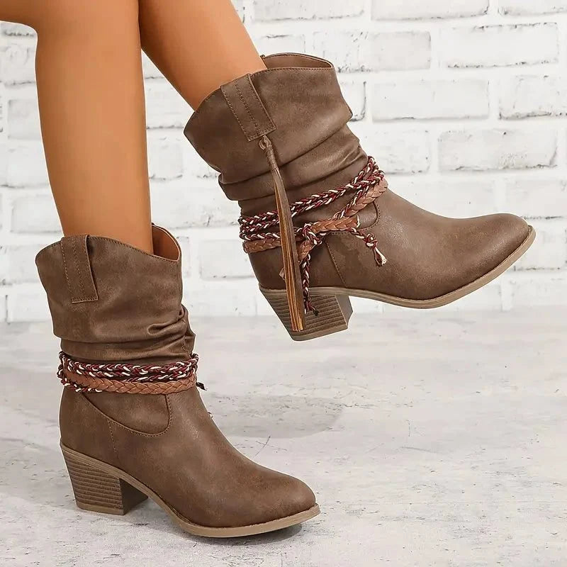 Trinity | Suede Western Boots with Braided Strap for Women