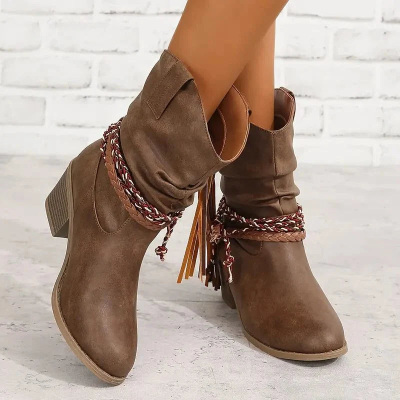 Trinity | Suede Western Boots with Braided Strap for Women