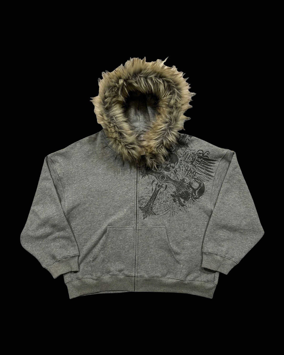 Unisex Graphic Zip Hoodie, Fur-Trimmed Hood, Long Sleeves