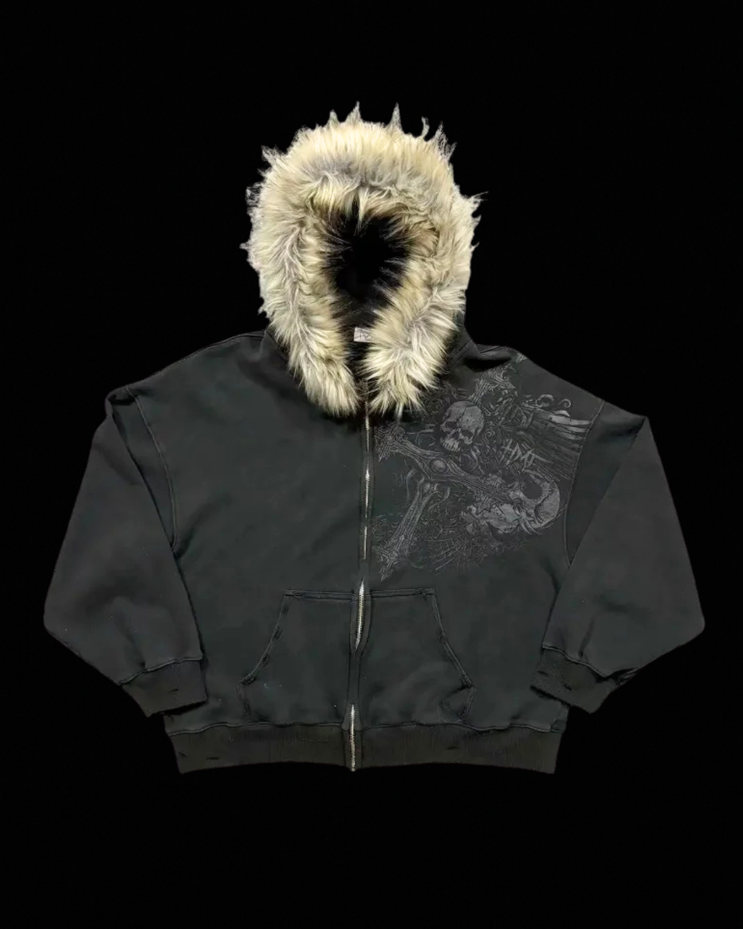 Unisex Graphic Zip Hoodie, Fur-Trimmed Hood, Long Sleeves