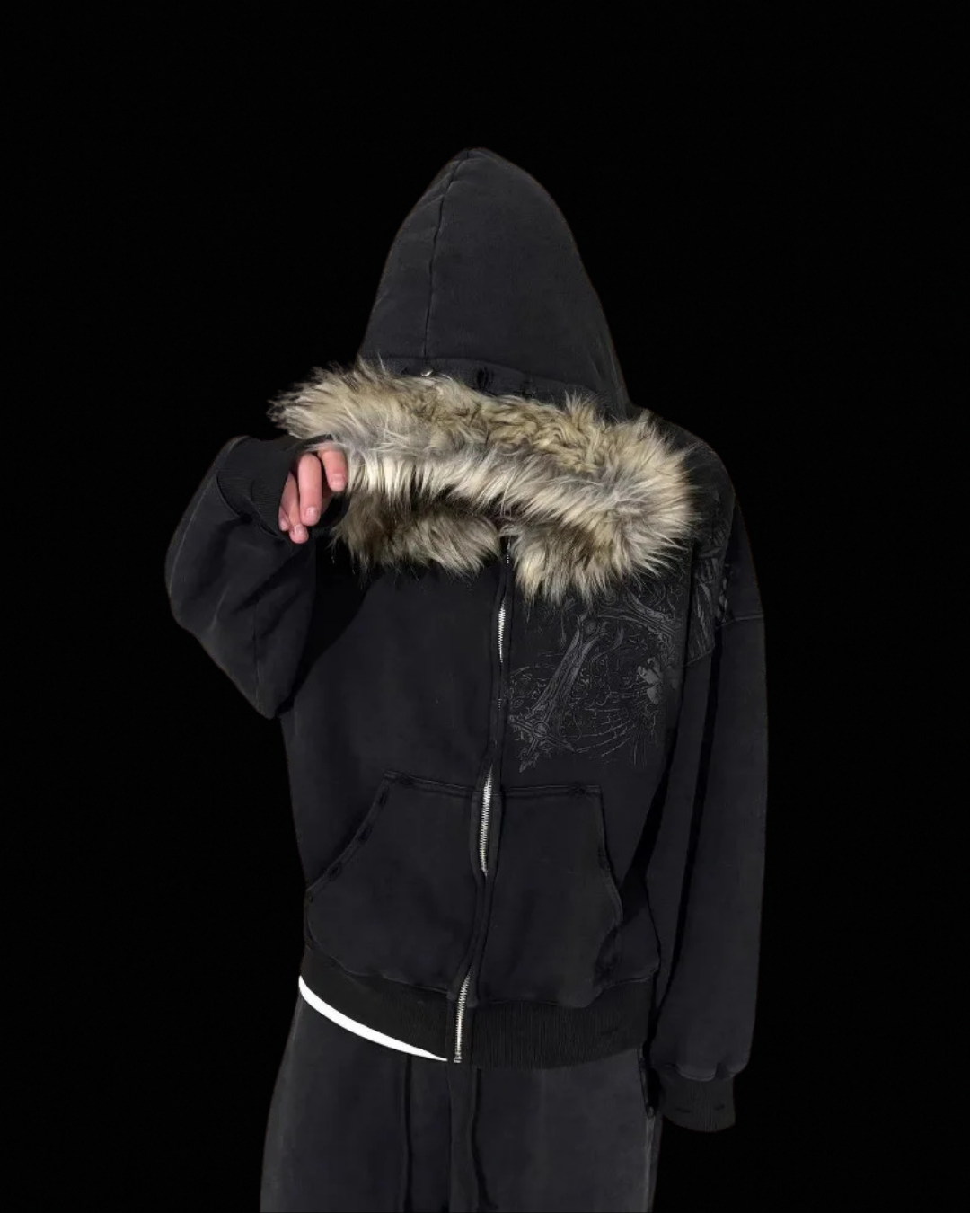 Unisex Graphic Zip Hoodie, Fur-Trimmed Hood, Long Sleeves
