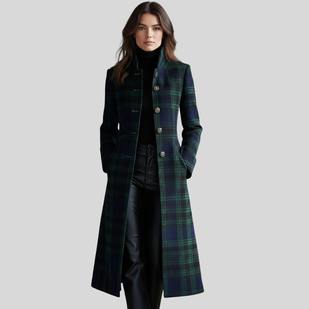 Women's Plaid Long Coat, Button Front, Long Sleeves