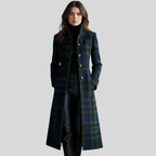 Women's Plaid Long Coat, Button Front, Long Sleeves