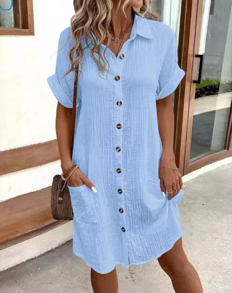 Vivian | Cotton Button-Down Shirt Dress with Short Sleeves for Women