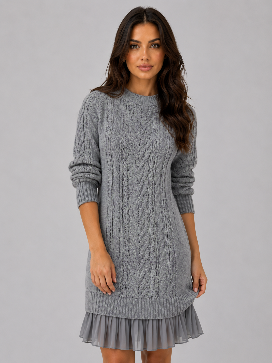 Women's Cable Knit Jumper Dress, Pleated Hem, Crew Neck