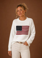 Women's Crew Neck Pullover - American Flag Knit Sweater