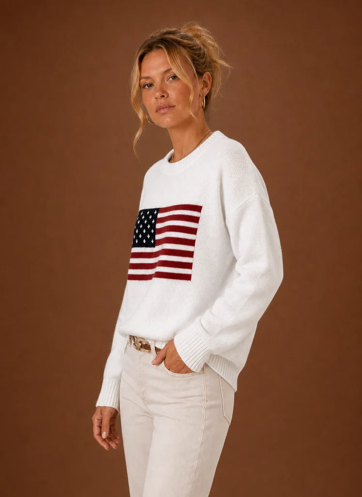 Women's Crew Neck Pullover - American Flag Knit Sweater