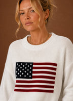 Women's Crew Neck Pullover - American Flag Knit Sweater