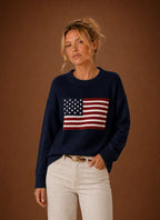 Women's Crew Neck Pullover - American Flag Knit Sweater