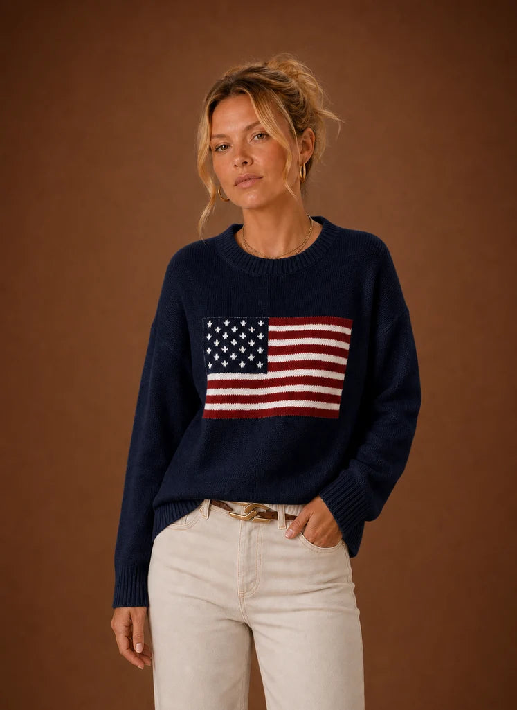 Women's Crew Neck Pullover - American Flag Knit Sweater