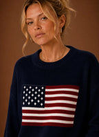 Women's Crew Neck Pullover - American Flag Knit Sweater