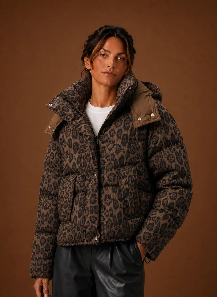 Women's Puffer Jacket - Leopard Print Quilted Winter Coat