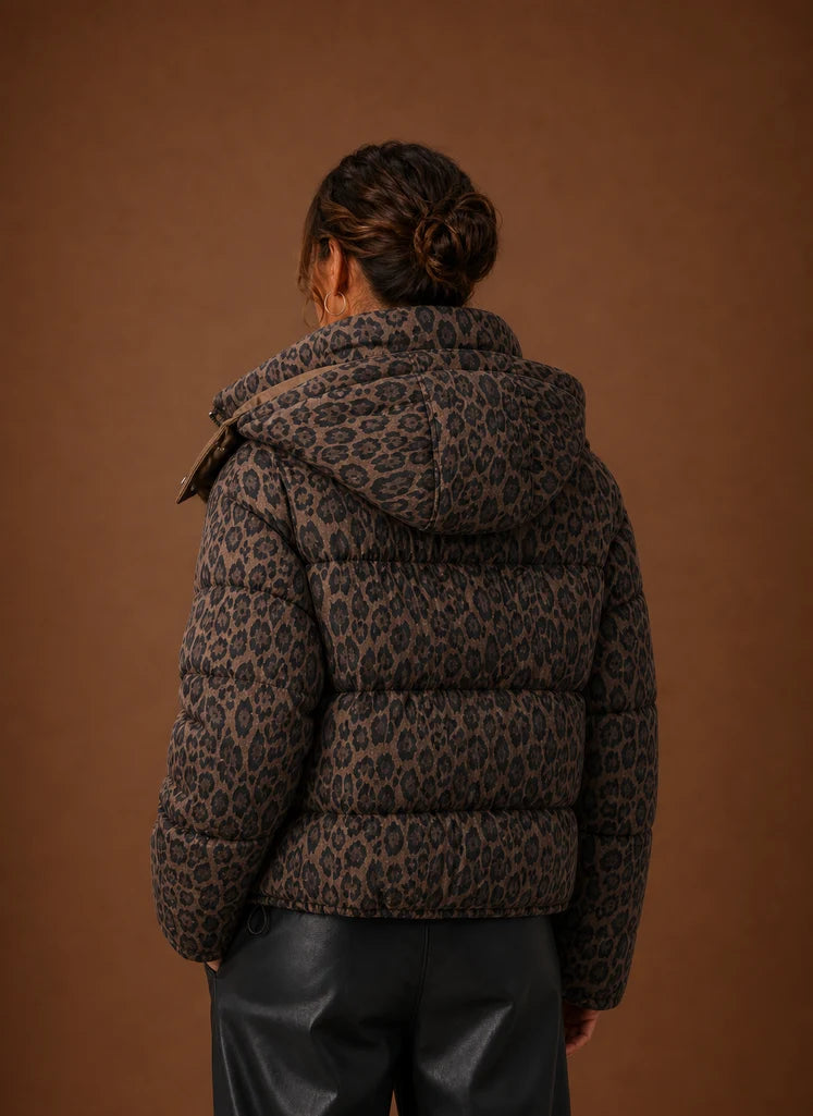 Women's Puffer Jacket - Leopard Print Quilted Winter Coat