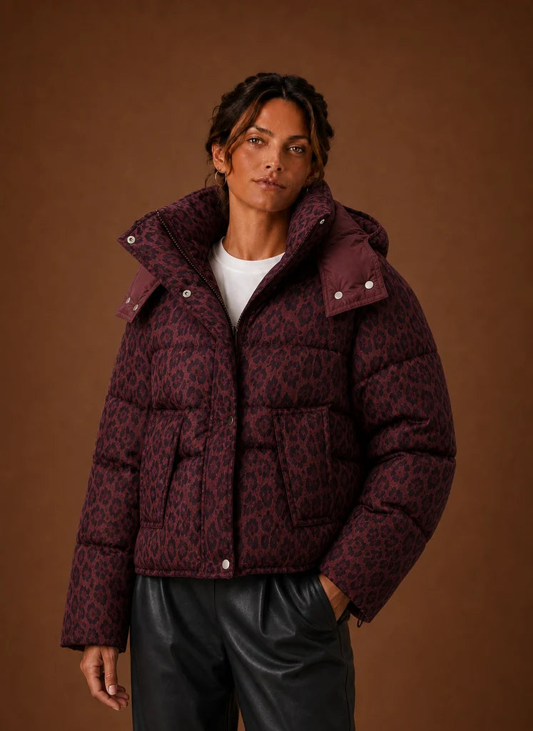 Women's Puffer Jacket - Leopard Print Quilted Winter Coat