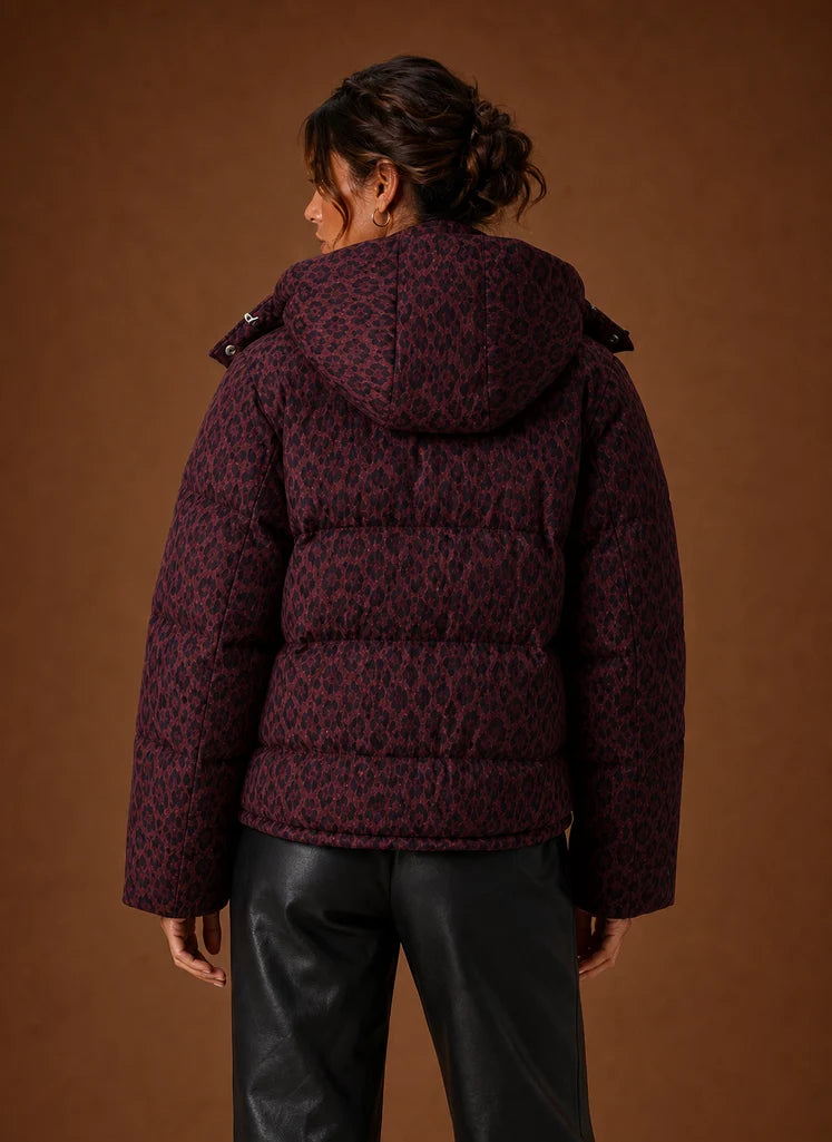 Women's Puffer Jacket - Leopard Print Quilted Winter Coat