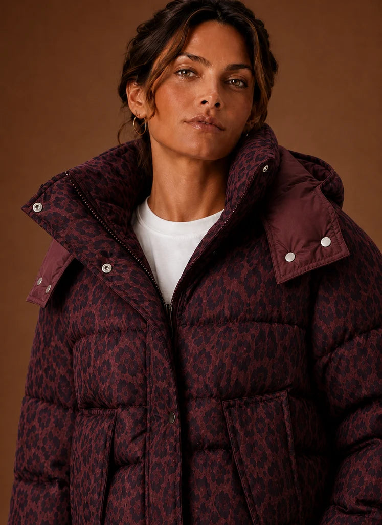 Women's Puffer Jacket - Leopard Print Quilted Winter Coat