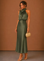 Women's Satin Halter Maxi Dress – Elegant Wedding Guest | Areleon