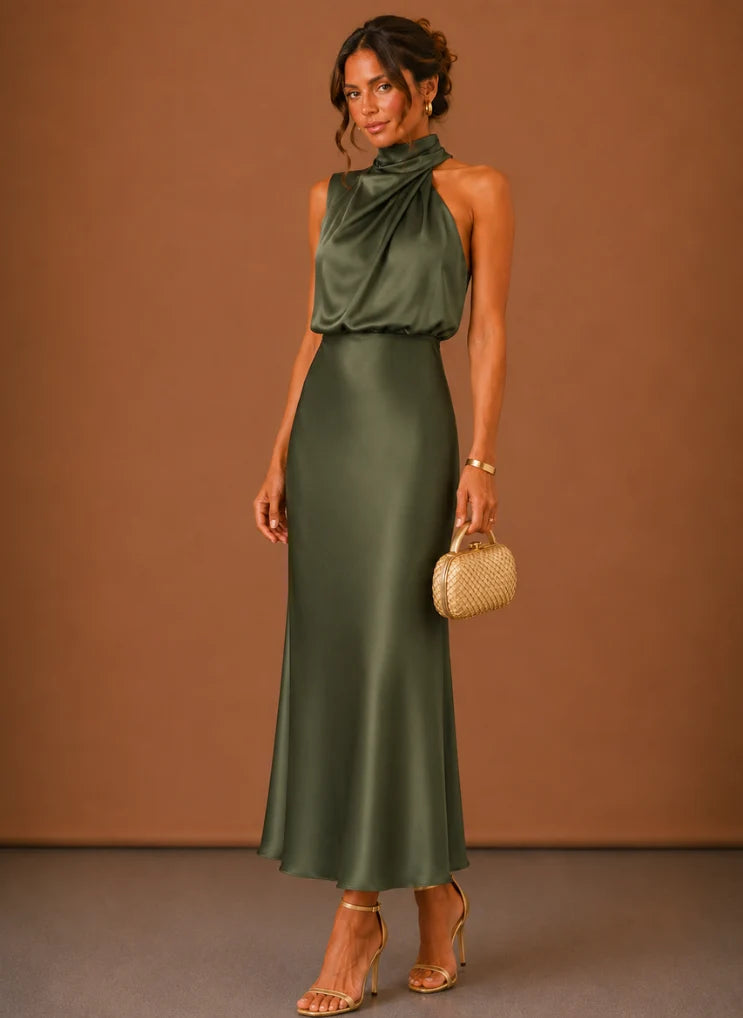 Women's Satin Halter Maxi Dress – Elegant Wedding Guest | Areleon