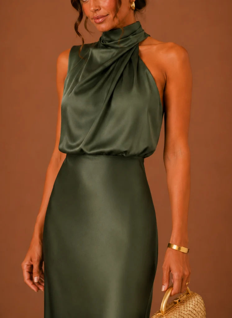 Women's Satin Halter Maxi Dress – Elegant Wedding Guest | Areleon