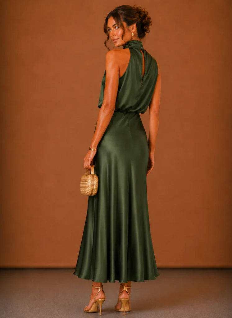 Women's Satin Halter Maxi Dress – Elegant Wedding Guest | Areleon