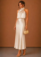 Women's Satin Halter Maxi Dress – Elegant Wedding Guest | Areleon