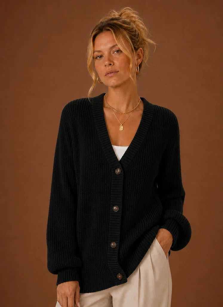 Women's V-Neck Knit Cardigan - Button Front Long Sleeve Sweater