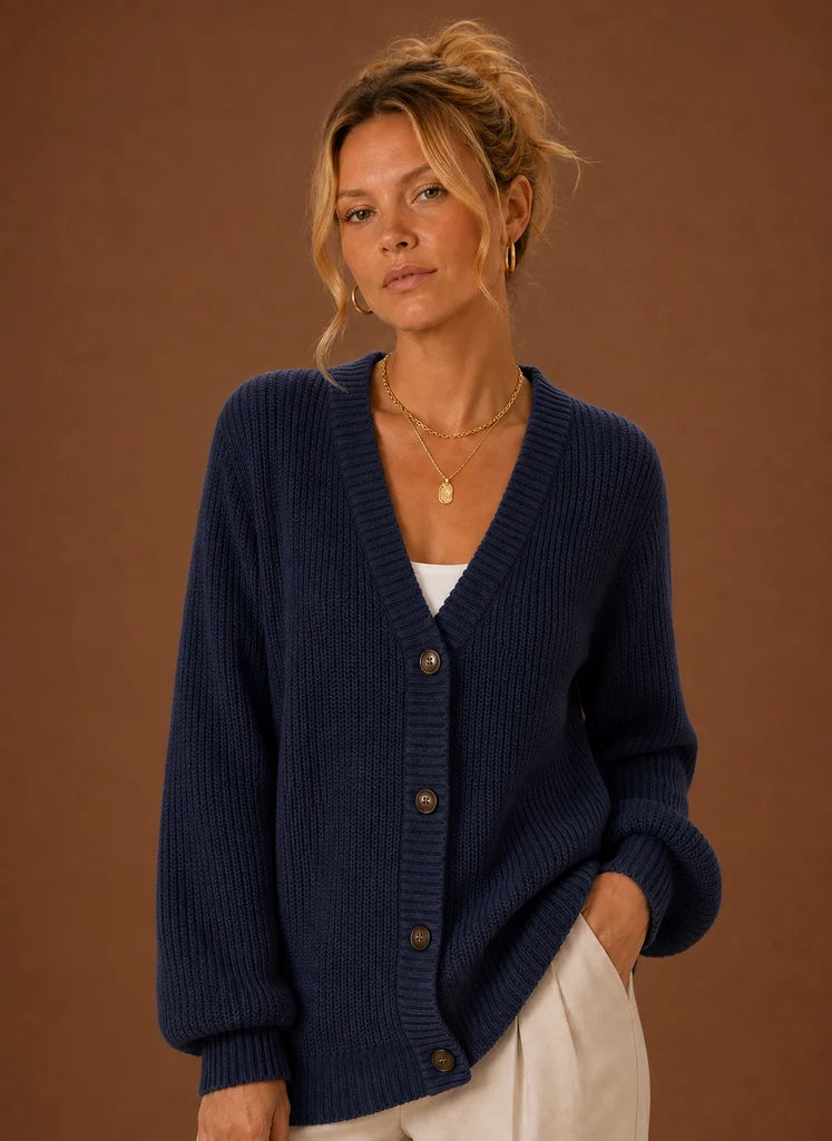Women's V-Neck Knit Cardigan - Button Front Long Sleeve Sweater