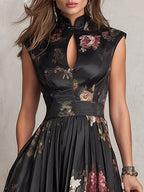 Black Keyhole Collar Floral Pleated Satin Midi Dress