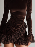 Women's Brown Velvet Ruched Turtleneck Mini Dress