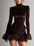 Women's Brown Velvet Ruched Turtleneck Mini Dress