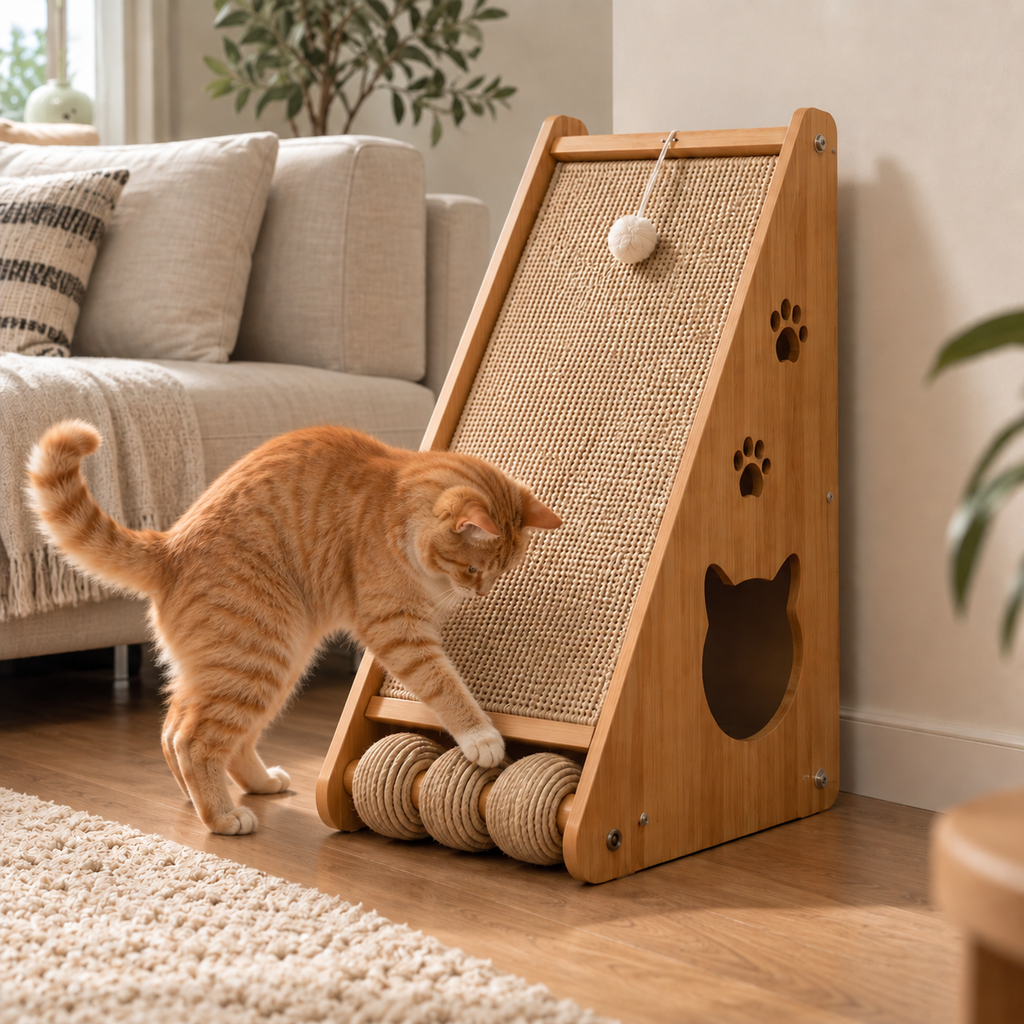 Wooden Cat Scratcher Ramp with Sisal Scratching Board & 3 Rolling Balls for Indoor Cats