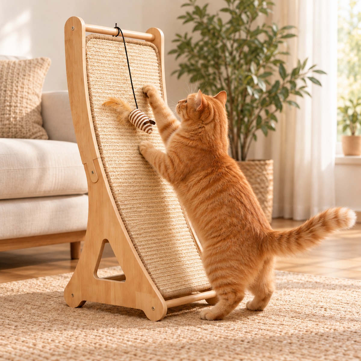 Cat Scratching Post for Indoor Cats – Wooden Cat Scratcher Board with Hanging Toy