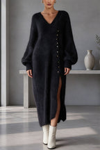 Women's Knit V-Neck Button-Front Midi Dress, Balloon Sleeves