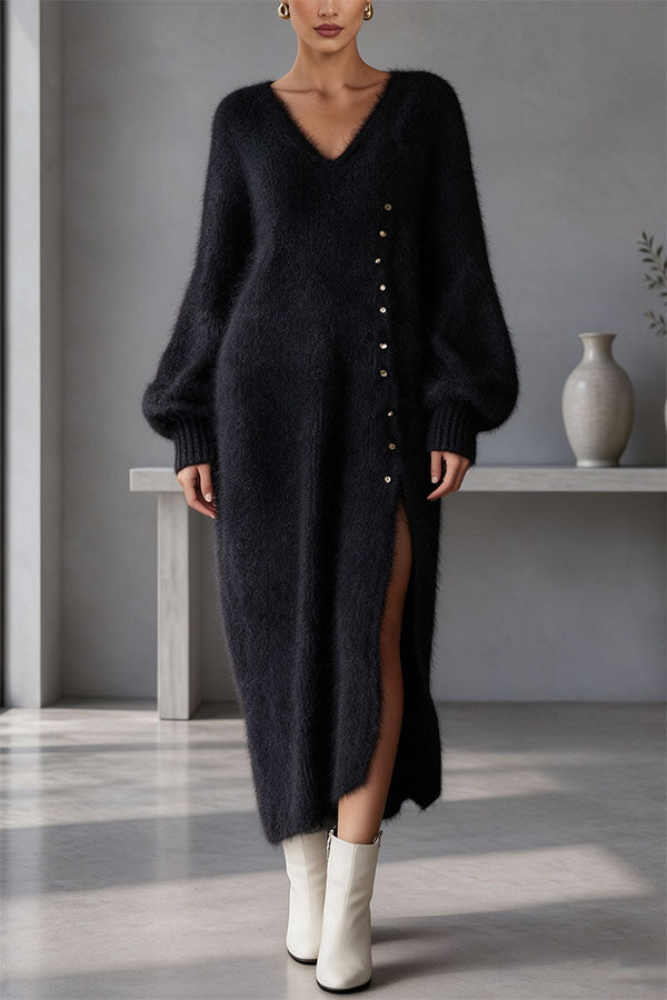 Women's Knit V-Neck Button-Front Midi Dress, Balloon Sleeves