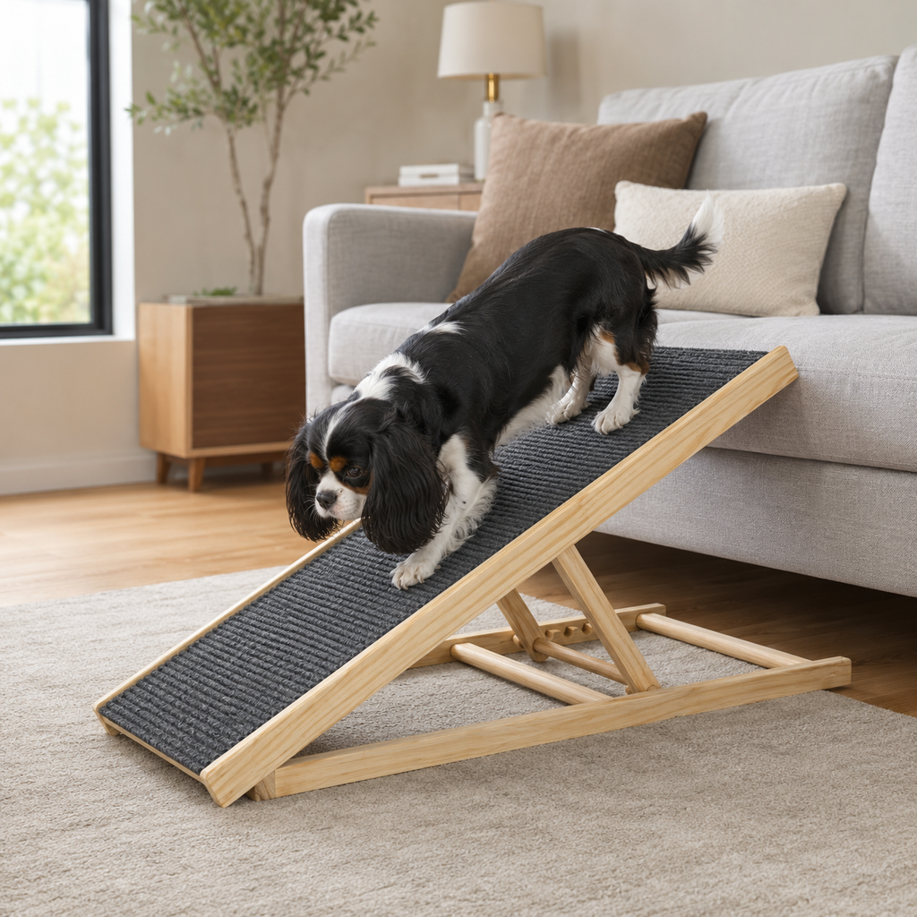 Adjustable Wooden Dog Ramp for Bed, Couch & Car – Foldable Non-Slip Pet Ramp for Small, Large & Senior Dogs, 132 lb Capacity