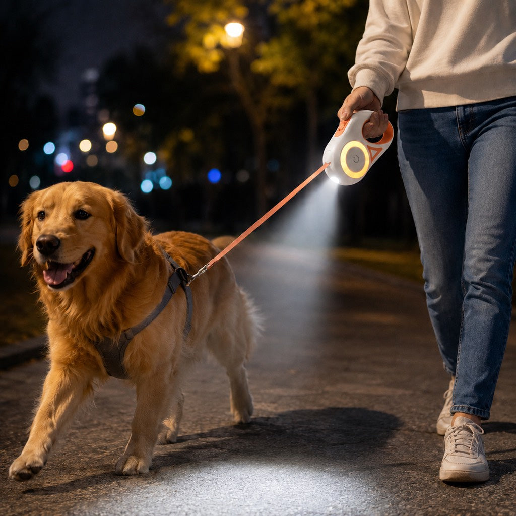 LED Retractable Dog Leash for Night Walks - Light-Up Dog Leash with Built-In Spotlight, RGB Side Glow & One-Touch Brake for Safer Evening Walks
